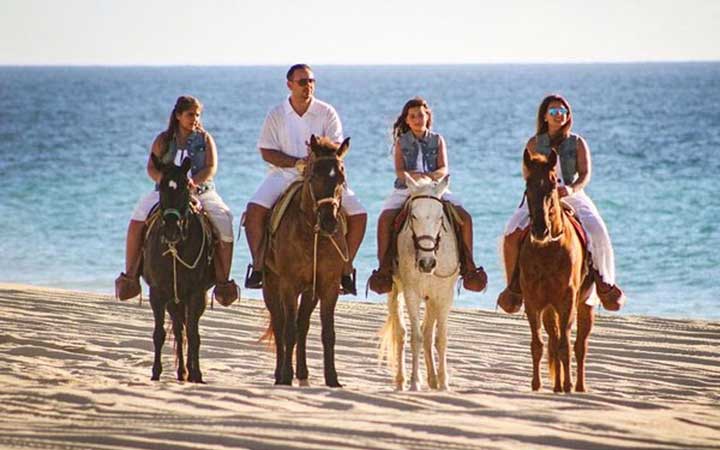 horseback riding tour along a scenic beach at sunset in Los Cabos, Mexico